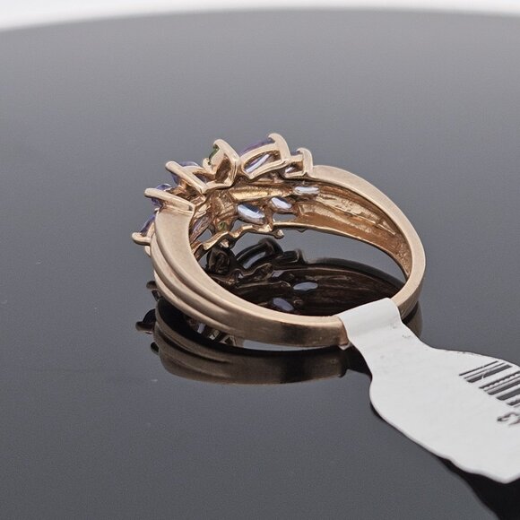 14K Yellow Gold Tanzanite & Emerald Flower Motif Cluster Gemstone Ring Size 8 - Picture 11 of 16